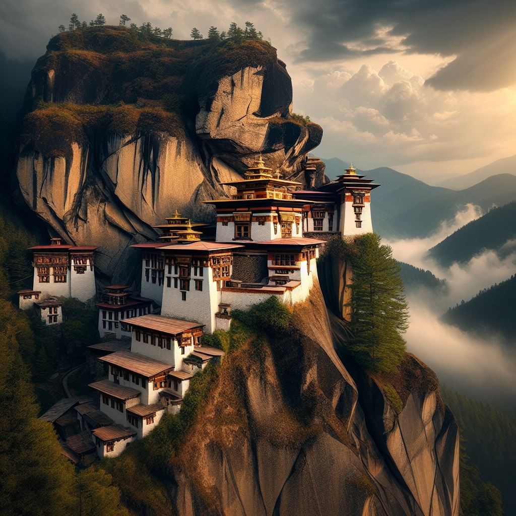 Bhutanese monastery perched on the edge of a cliff