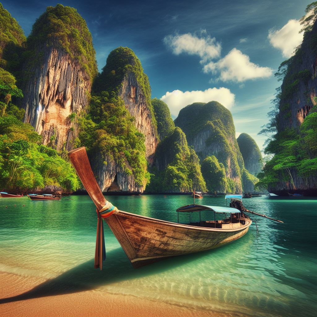 Thai long-tail boat with limestone cliffs and lush greenery backdrop