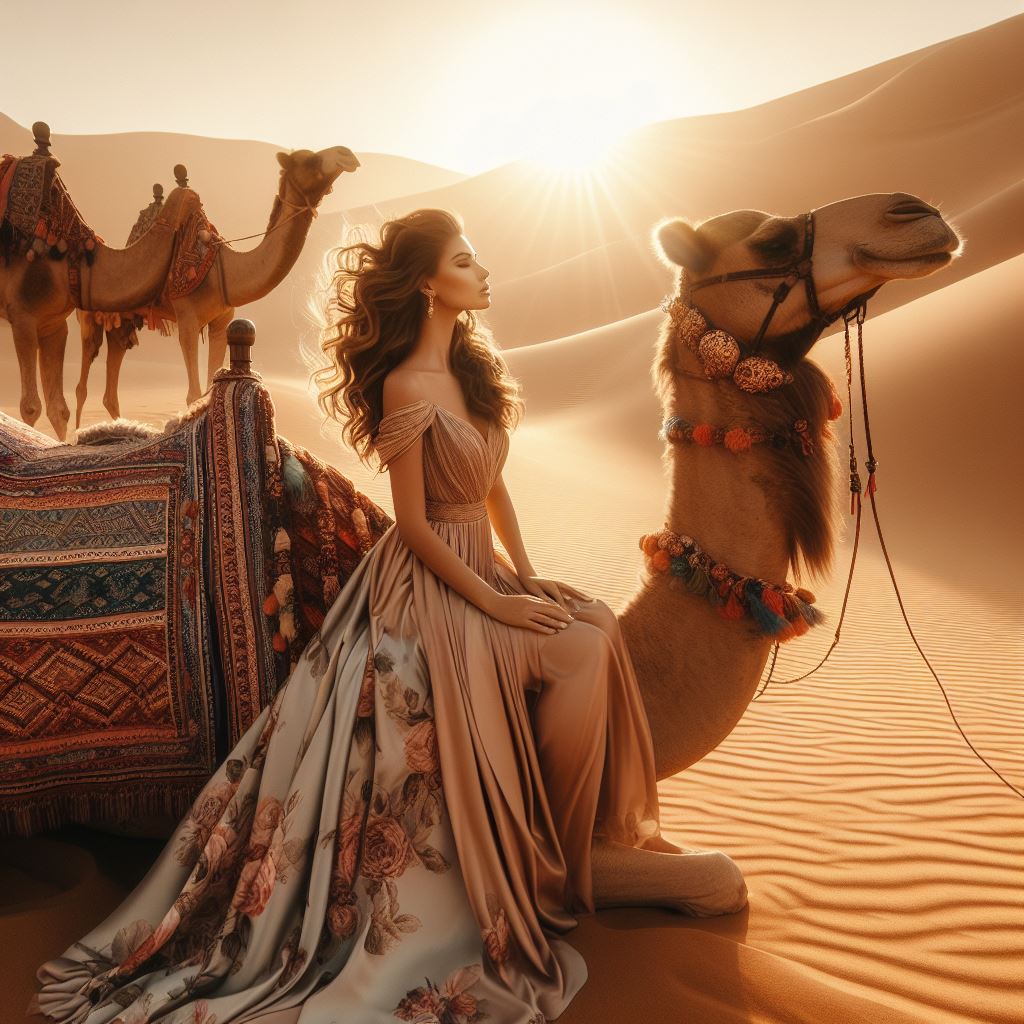 a beautiful lady riding on a camel